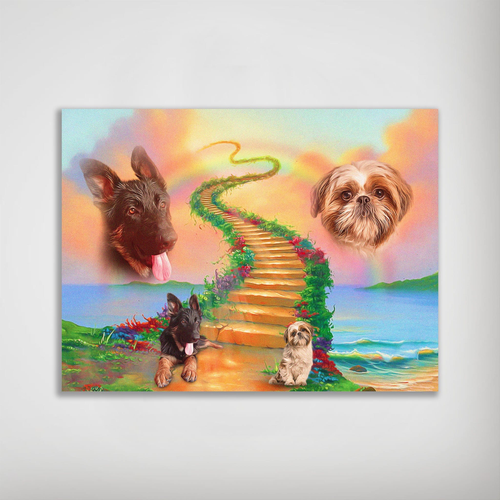 Personalized 'Rainbow Bridge 2 Pet' poster with two dogs, a German Shepherd and a Shih Tzu, on a vibrant, colorful path.