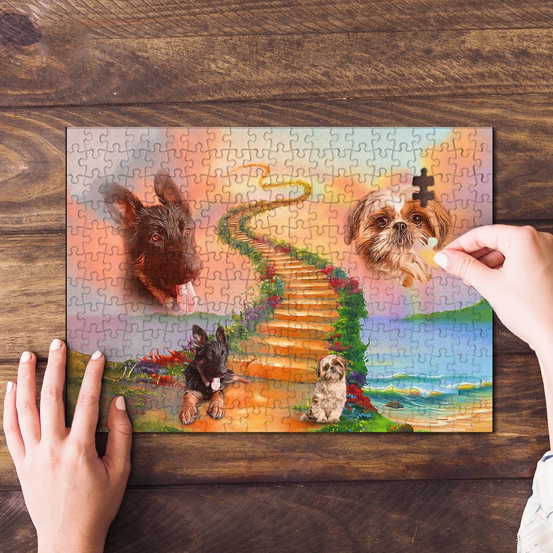 Personalized 2-pet puzzle with a rainbow bridge design, featuring custom dog portraits.