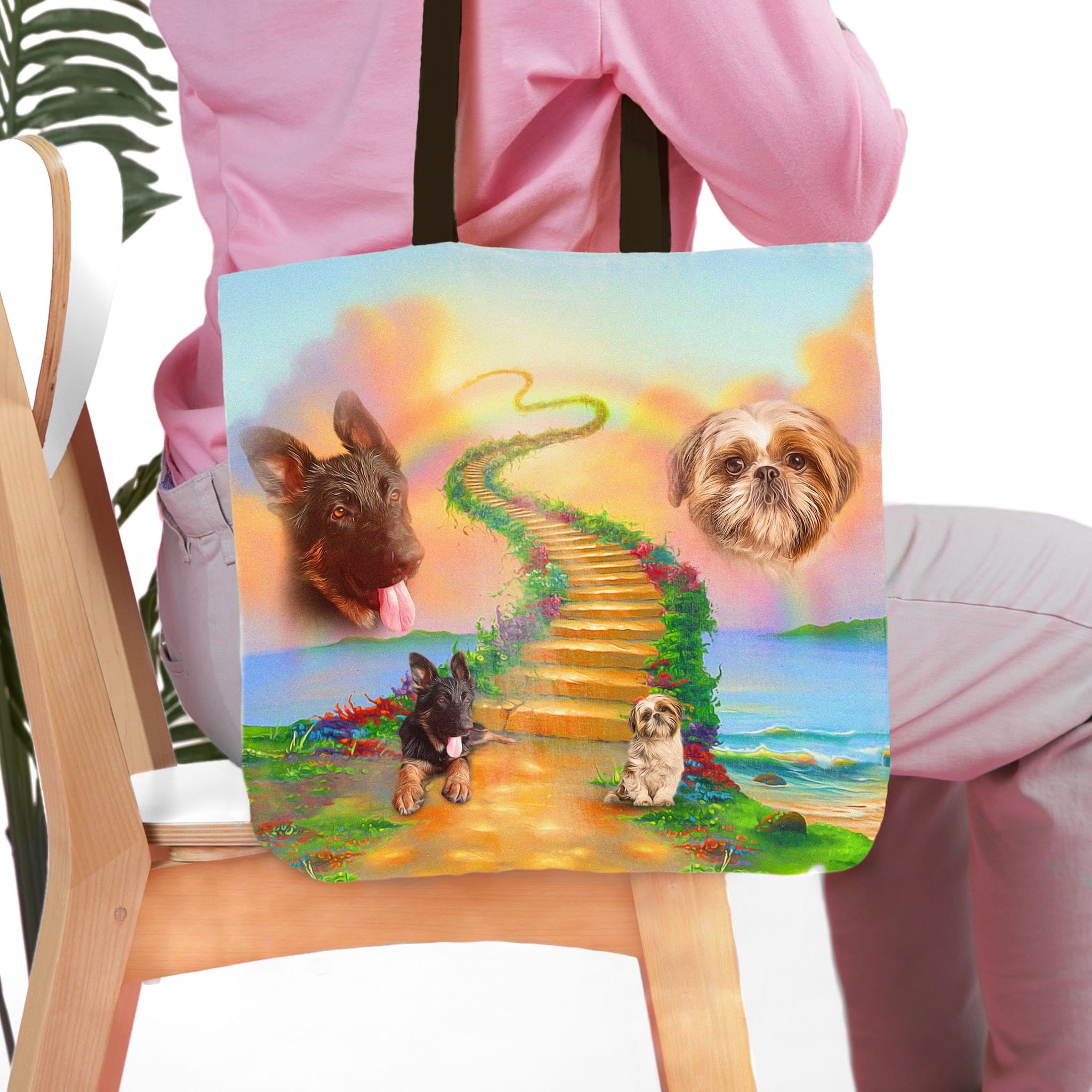 Personalized tote bag with two custom pet portraits, a German Shepherd and a Shih Tzu, on a Rainbow Bridge design.