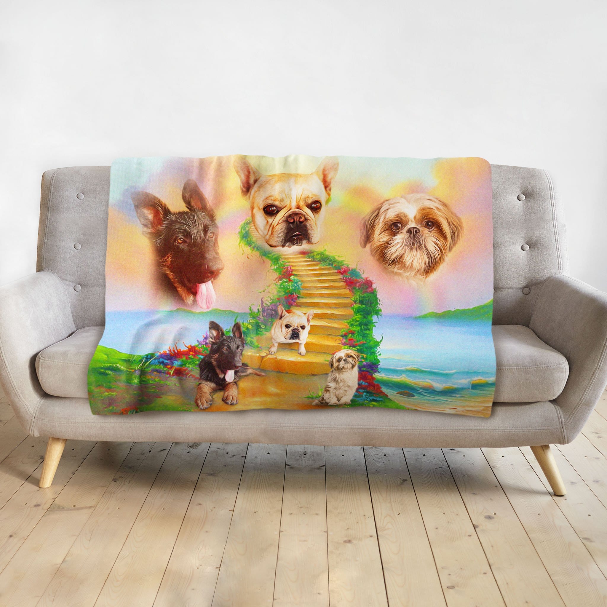 Personalized Rainbow Bridge 3 Pet blanket with watercolor portraits of three dogs on a couch.