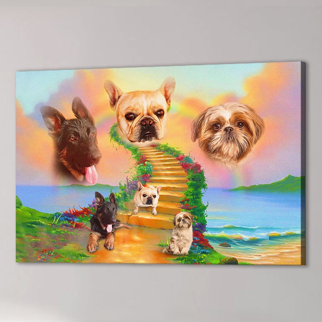 Personalized canvas with three pet portraits floating above a rainbow bridge leading to a beach.