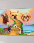 Personalized canvas with three pet portraits floating above a rainbow bridge leading to a beach.