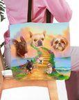 Personalized 3-pet portrait tote bag with dogs on a rainbow bridge design.
