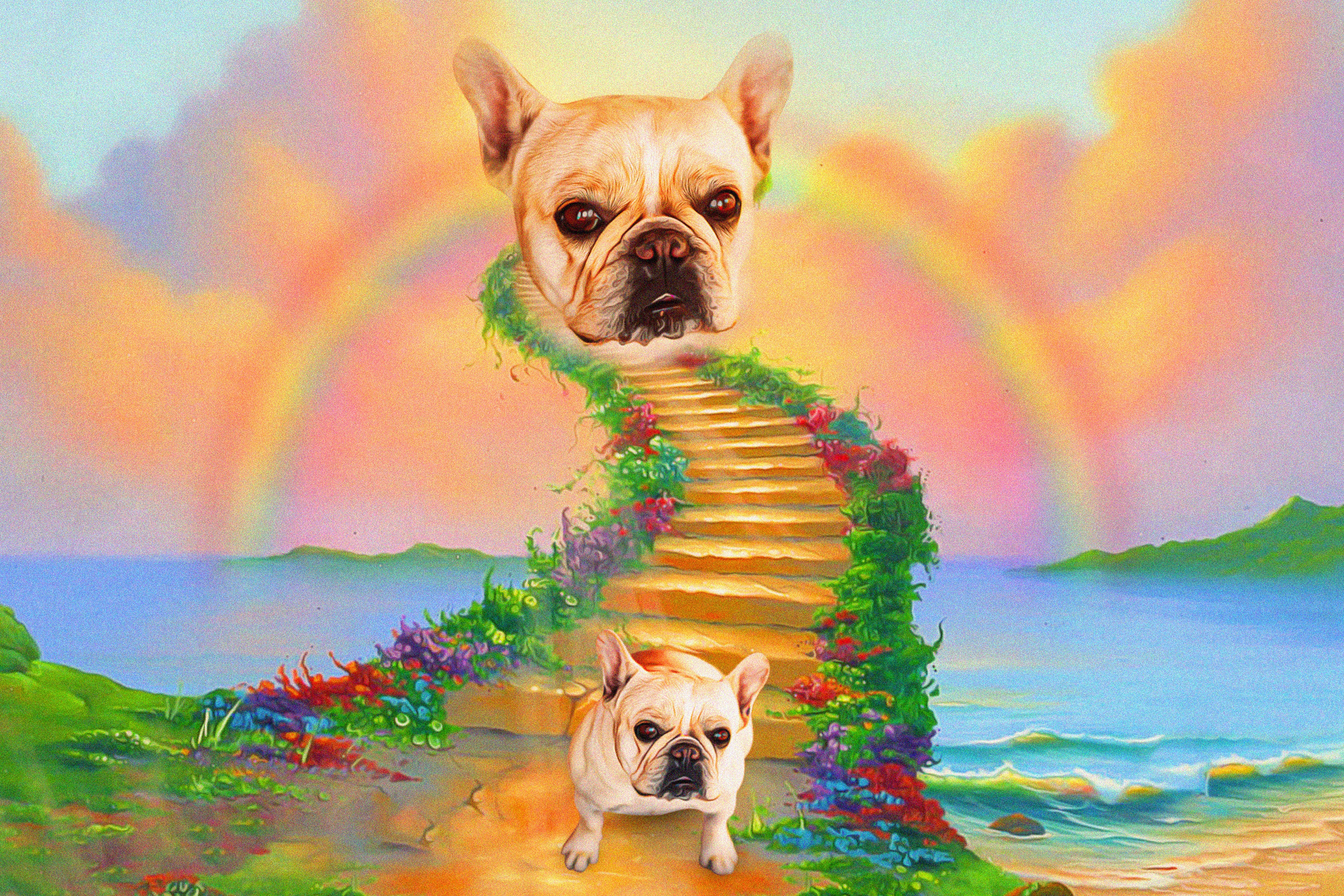 Personalized digital portrait of a French Bulldog on a rainbow bridge with colorful clouds and flowers.