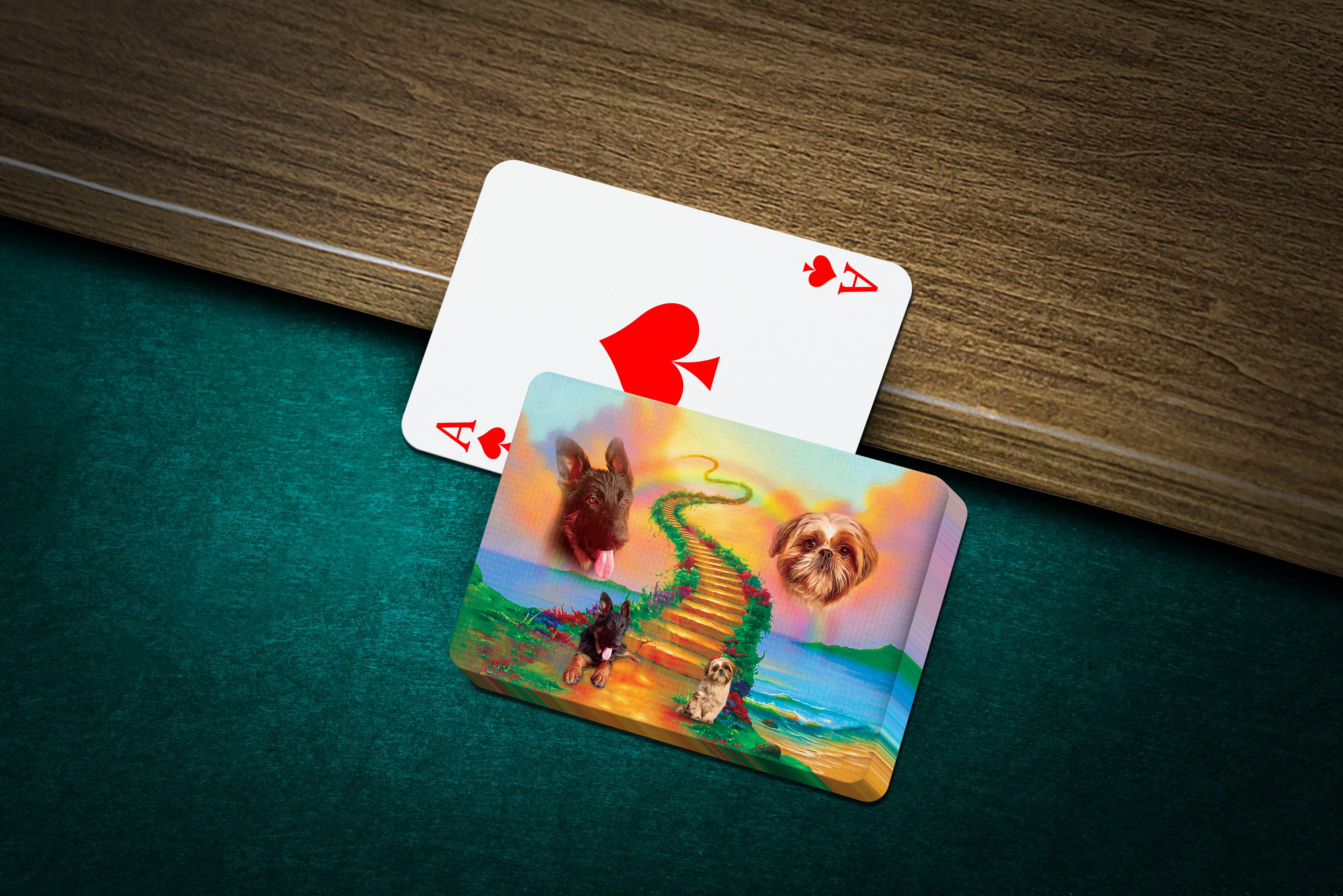 Personalized playing cards with custom pet portraits of two dogs on a colorful Rainbow Bridge design.