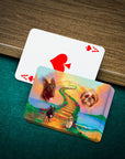 Personalized playing cards with custom pet portraits of two dogs on a colorful Rainbow Bridge design.