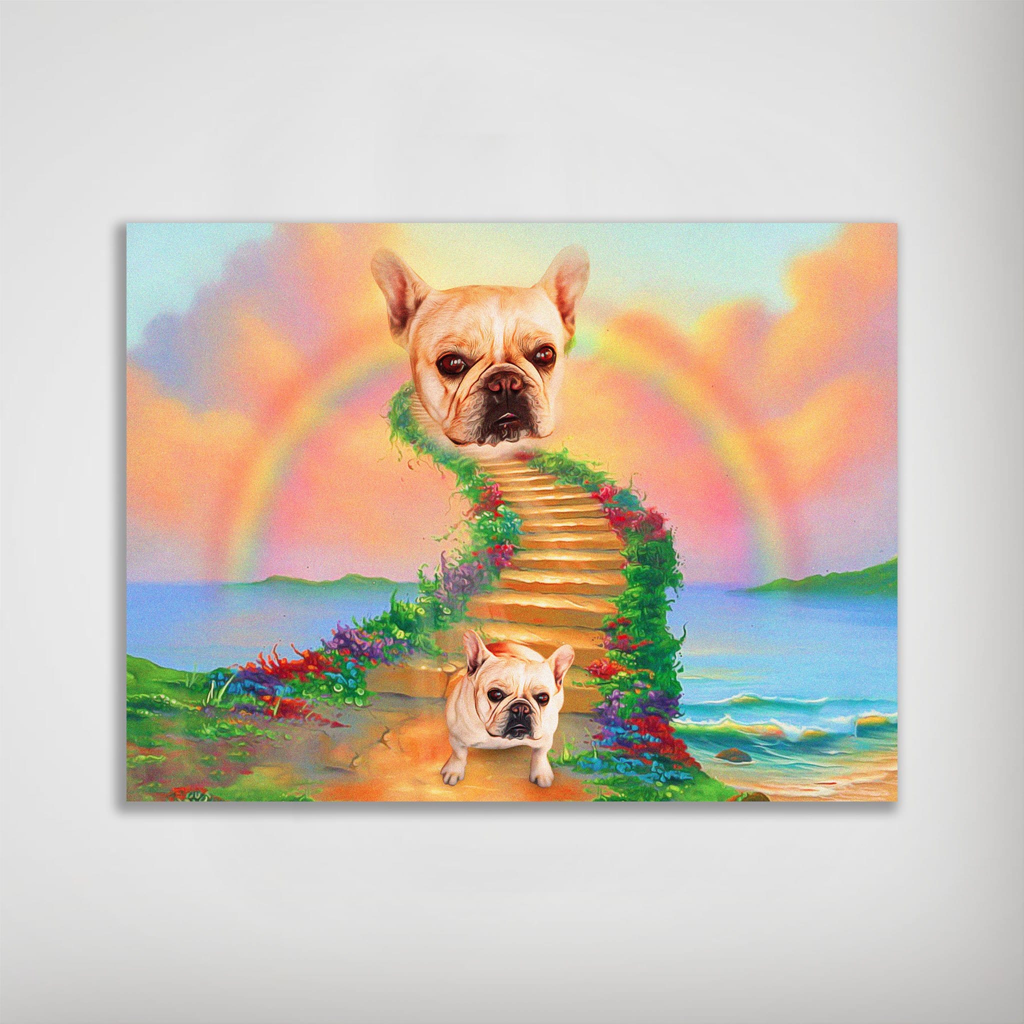 Personalized 'Rainbow Bridge' pet poster featuring a French Bulldog on a colorful stairway to heaven.