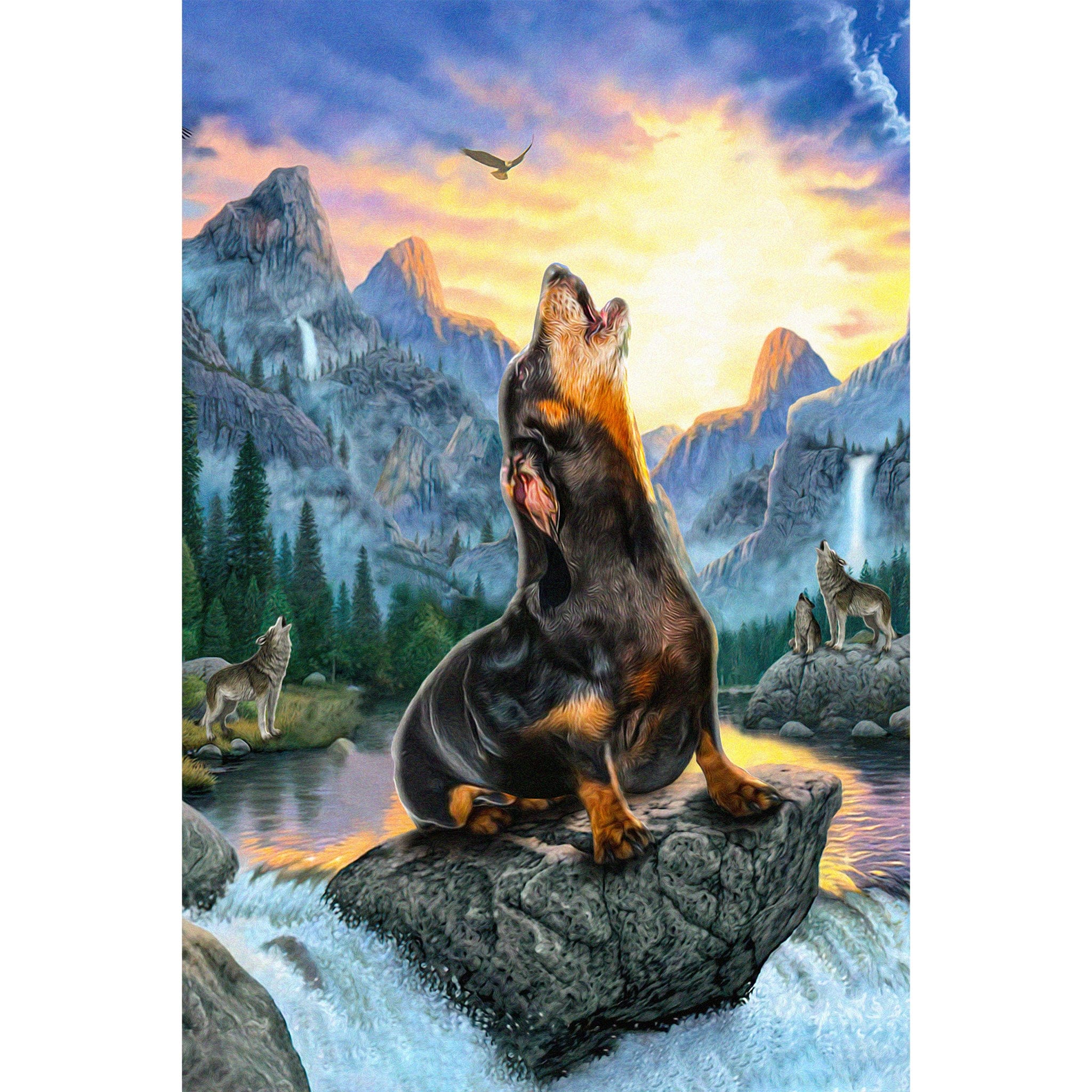Personalized digital portrait of a dog howling like a wolf in a mountain landscape at sunset.