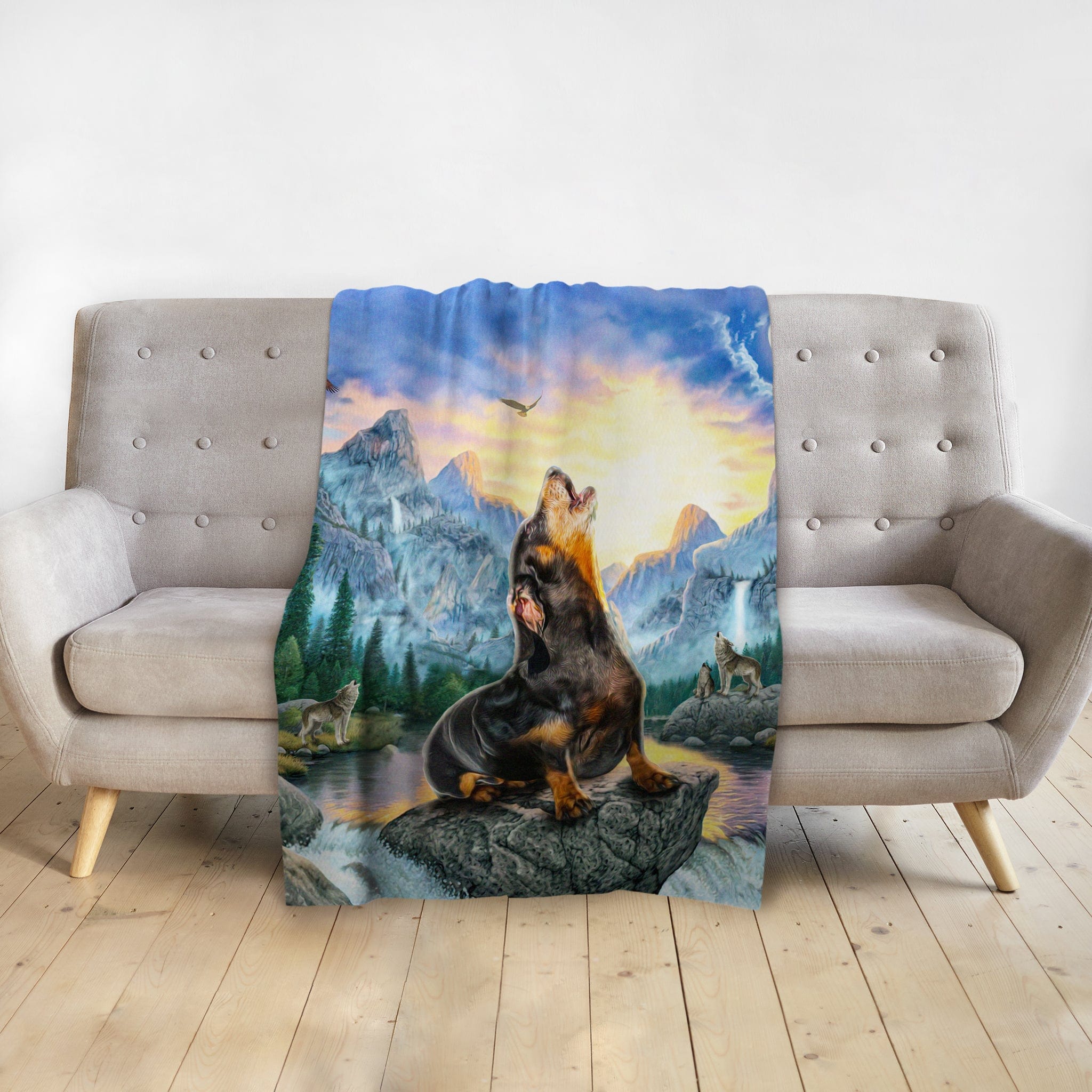 Personalized pet blanket with a Rottweiler howling on a rock, surrounded by wolves in a mountain sunset landscape.