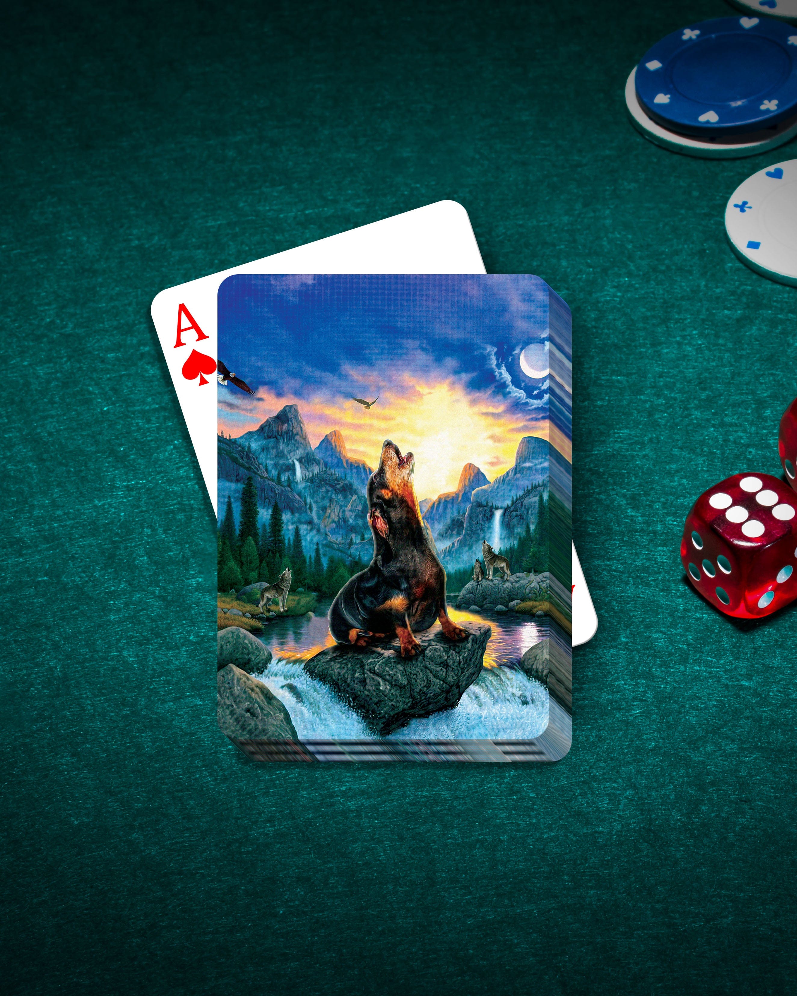 Personalized pet playing cards featuring a Rottweiler howling at sunset in a retro wolf art style.