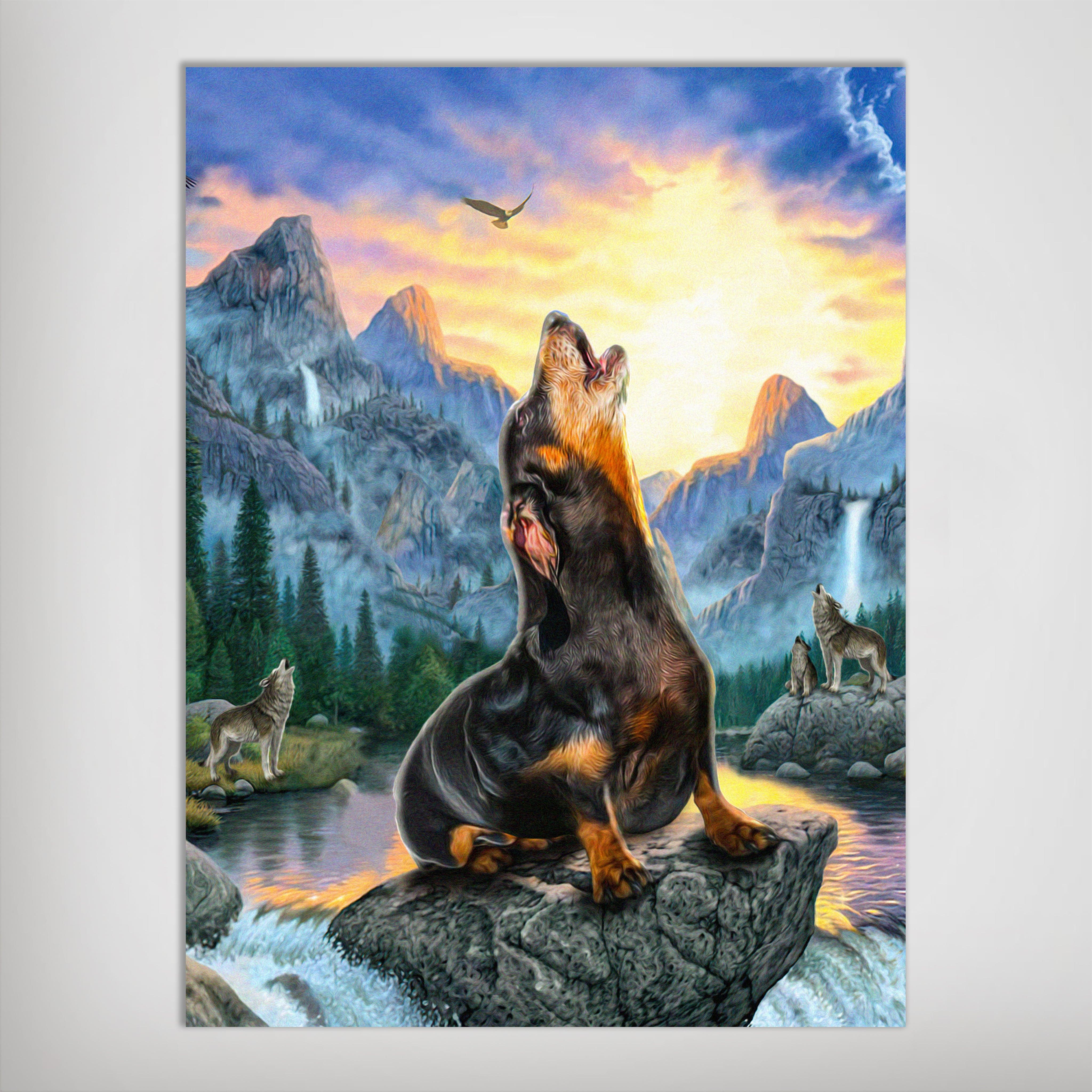 Personalized 'Retro Wolf' pet poster featuring a Rottweiler howling at sunset in a mountain landscape.