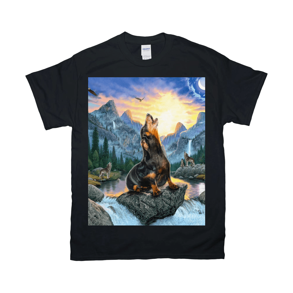 Black Gildan t-shirt with a personalized wolf howling at sunset in a mountain river scene.