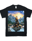 Black Gildan t-shirt with a personalized wolf howling at sunset in a mountain river scene.