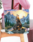 Personalized Retro Wolf tote bag with a custom pet portrait of a dog howling at sunset in a mountain landscape.