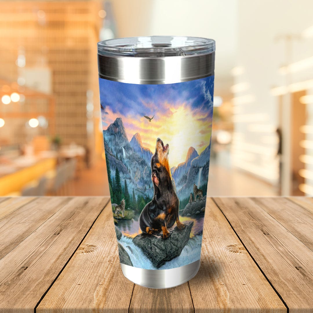 Personalized stainless steel tumbler with a custom pet portrait of a dog howling in a mountain landscape.