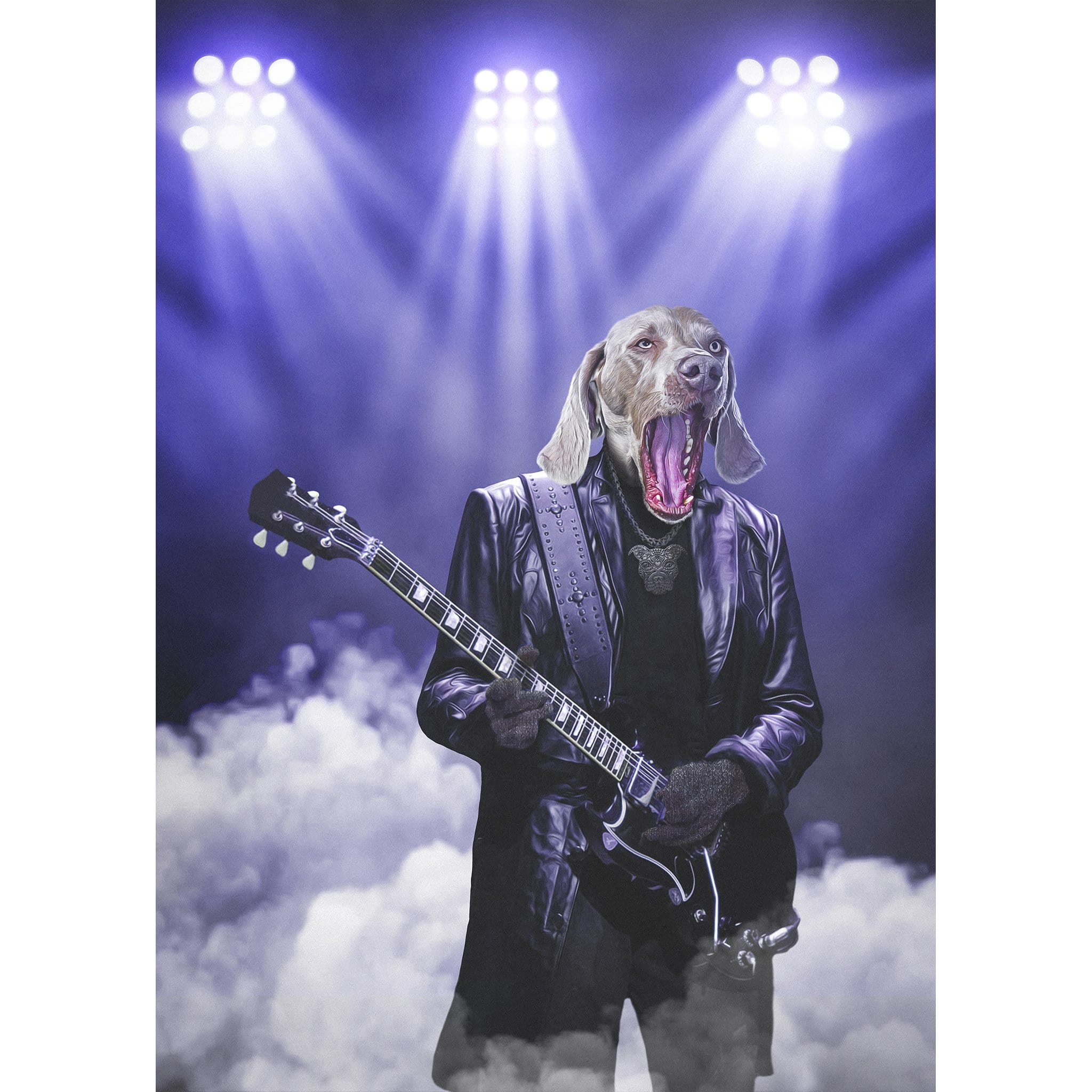 Custom digital portrait of a dog as a rocker playing guitar on stage with purple lights and smoke.