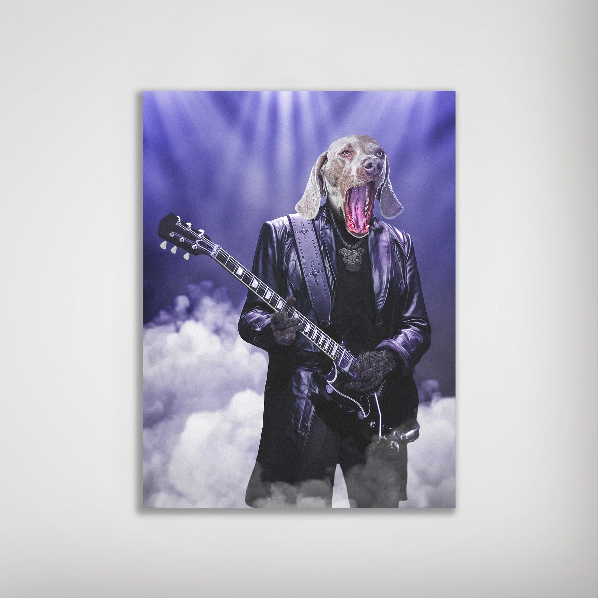 Personalized 'The Rocker' dog poster featuring a Weimaraner's head on a rock star playing a black electric guitar, with purple stage lights and smoke.