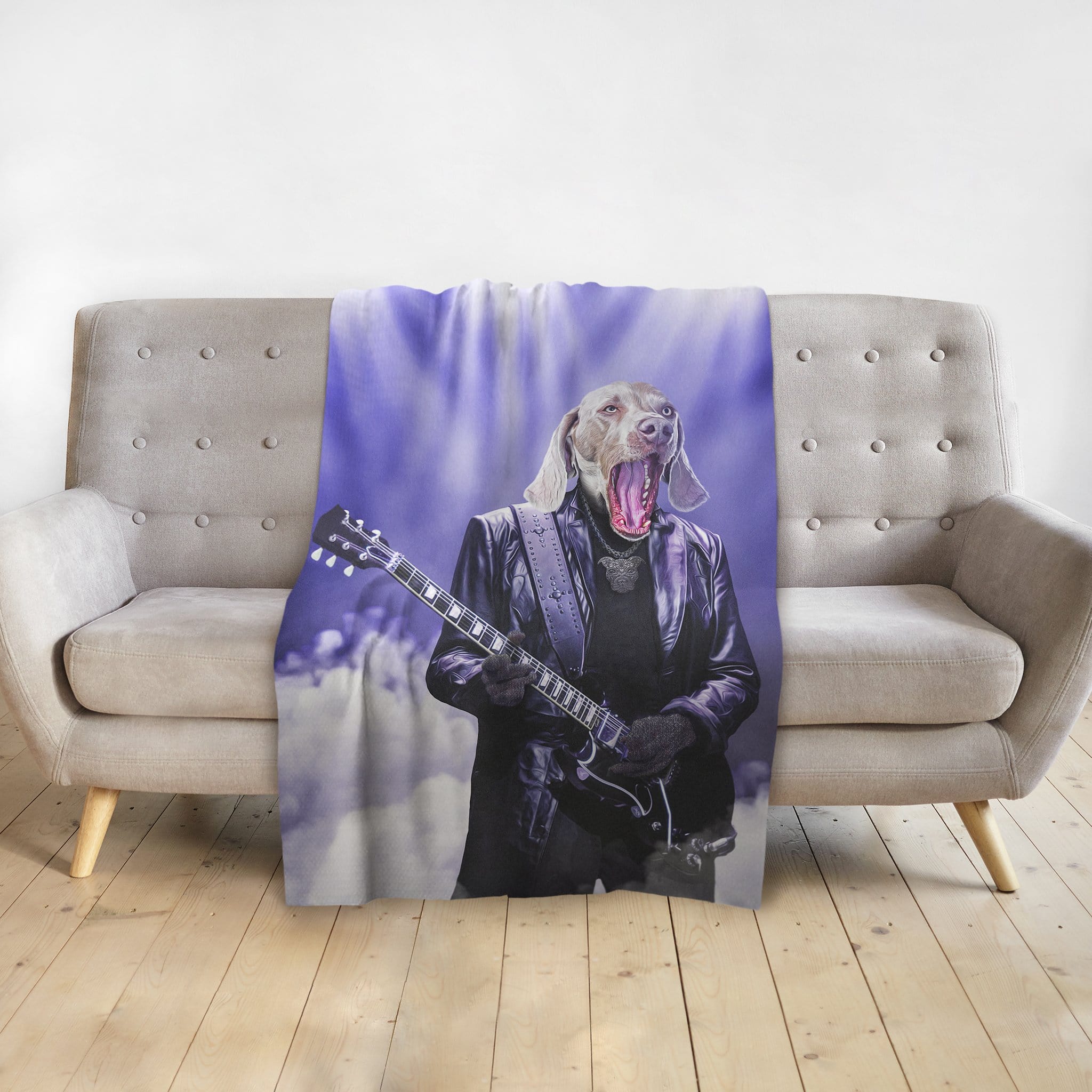 Personalized pet blanket with a custom dog portrait as a rocker playing electric guitar.