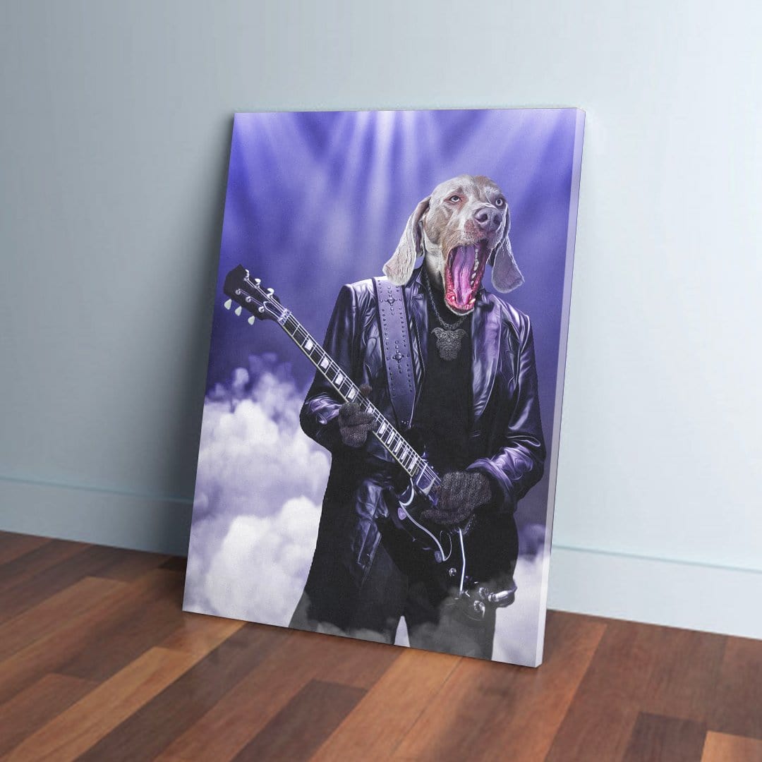 Personalized 'The Rocker' pet canvas featuring a dog in a black leather jacket playing an electric guitar.