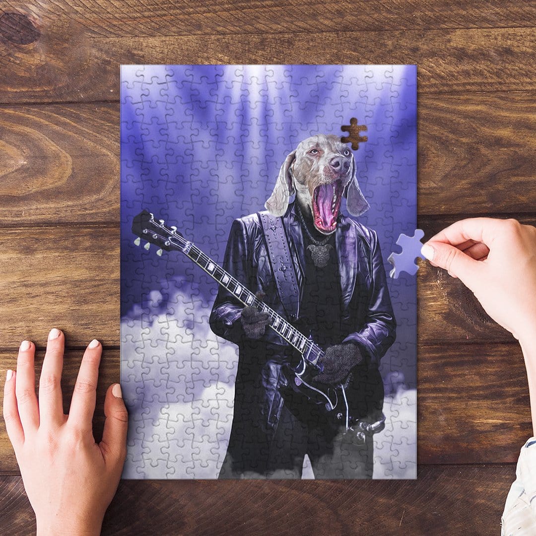 Personalized 'The Rocker' pet puzzle featuring a dog's head on a rock star playing guitar.