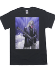 Black Gildan t-shirt with a personalized Weimaraner dog rocker design playing electric guitar on stage.