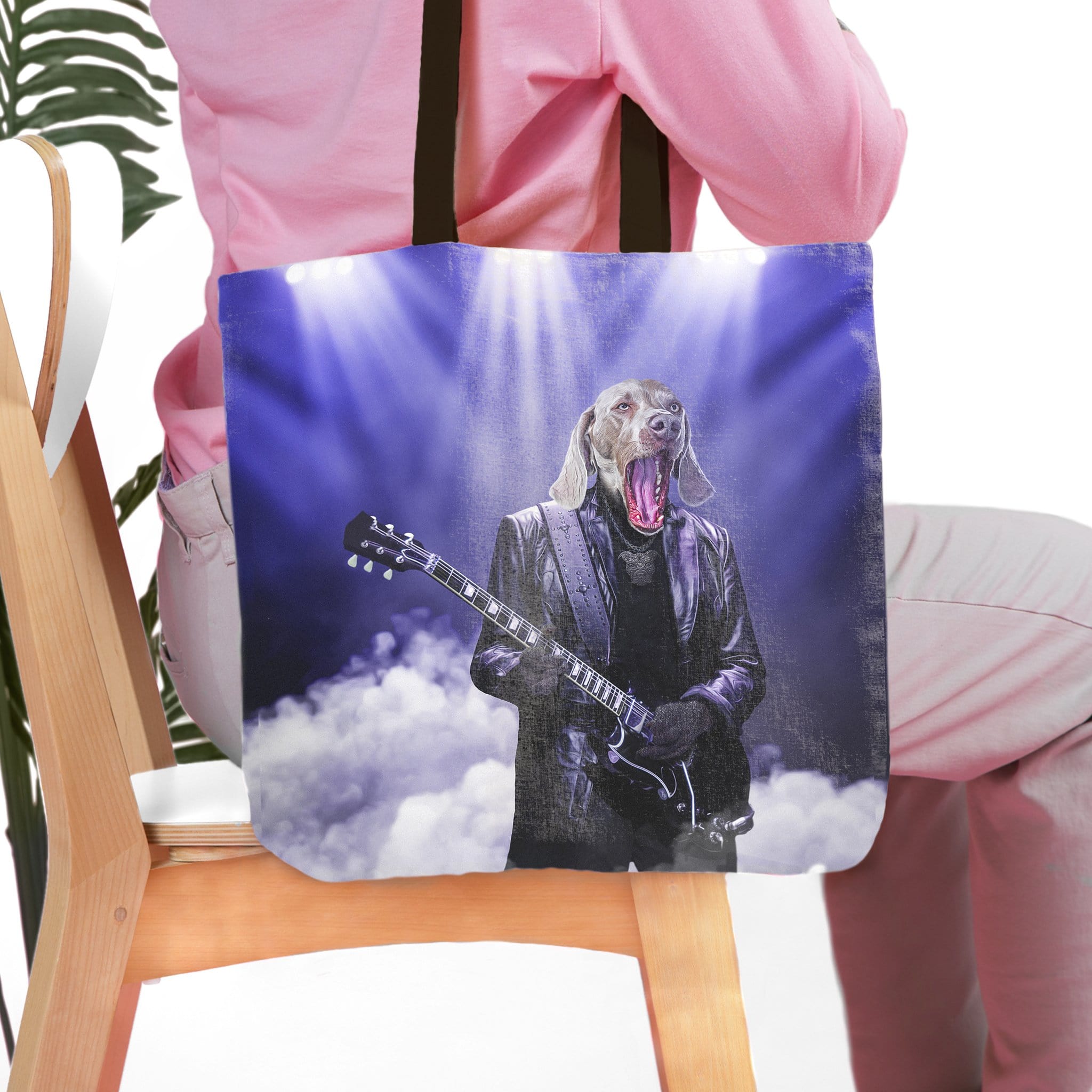 Personalized "The Rocker" tote bag with a custom dog portrait playing guitar on stage.