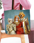 Personalized Royal Family 3-pet portrait tote bag featuring a Maltese, Cavalier King Charles Spaniel, and Golden Retriever.