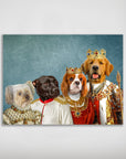 Personalized Royal Family 4 Pet Poster featuring dogs in regal attire against a blue background.