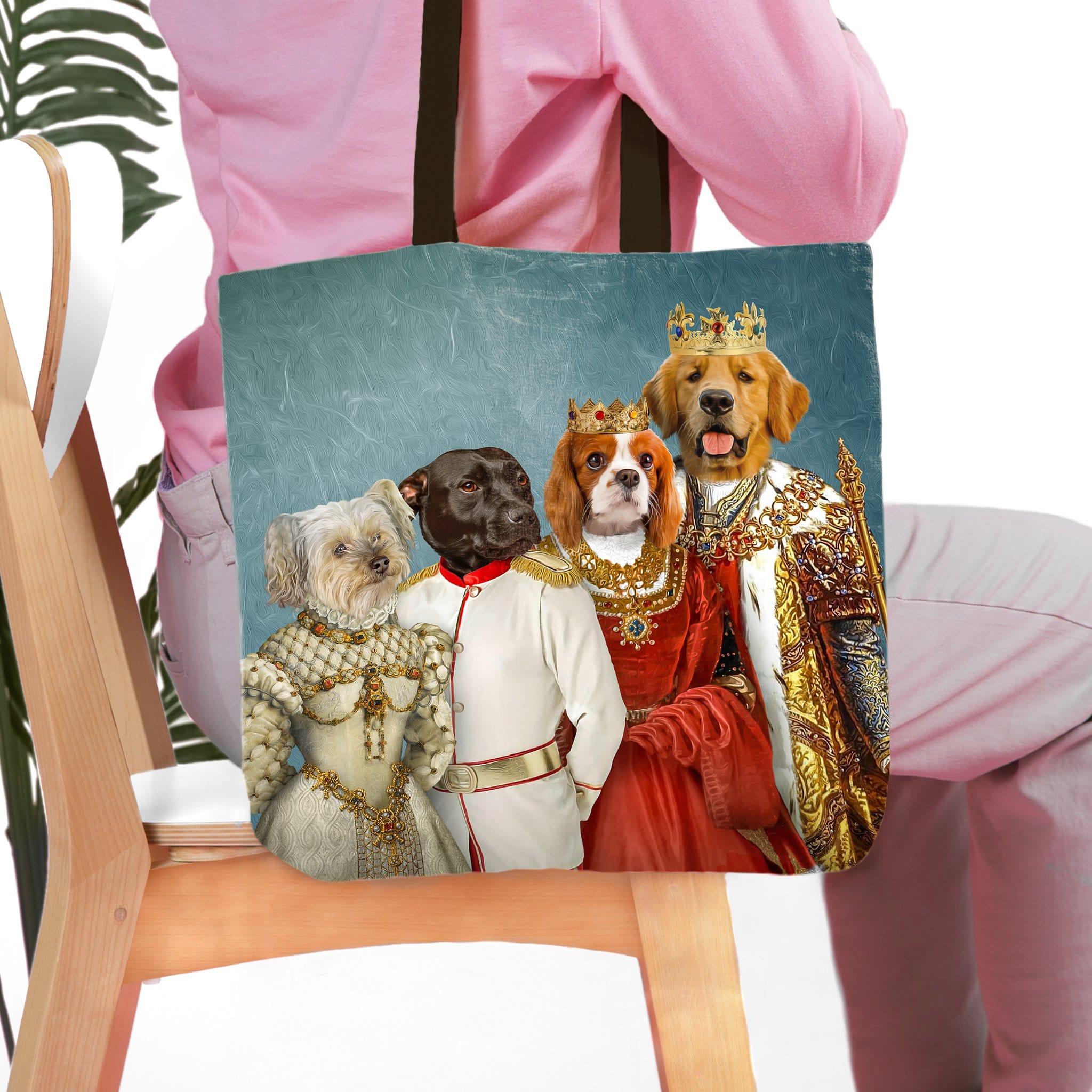 Personalized 4-pet royal renaissance portrait tote bag with custom dog and cat art.