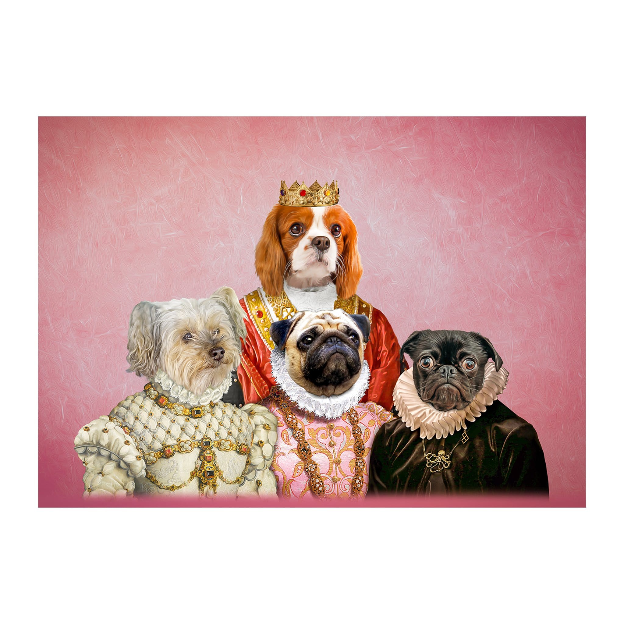Custom 4-pet royal renaissance portrait featuring a Cavalier King Charles, Maltese, Pug, and black Pug.