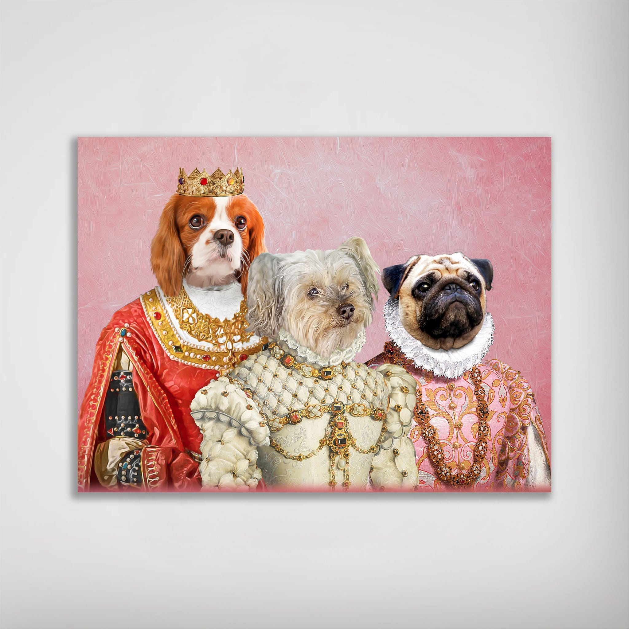 Personalized Royal Ladies pet poster featuring three dogs in ornate Renaissance attire on a pink background.