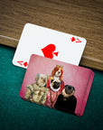 Personalized playing cards featuring three pets in royal renaissance portraits on a pink background.
