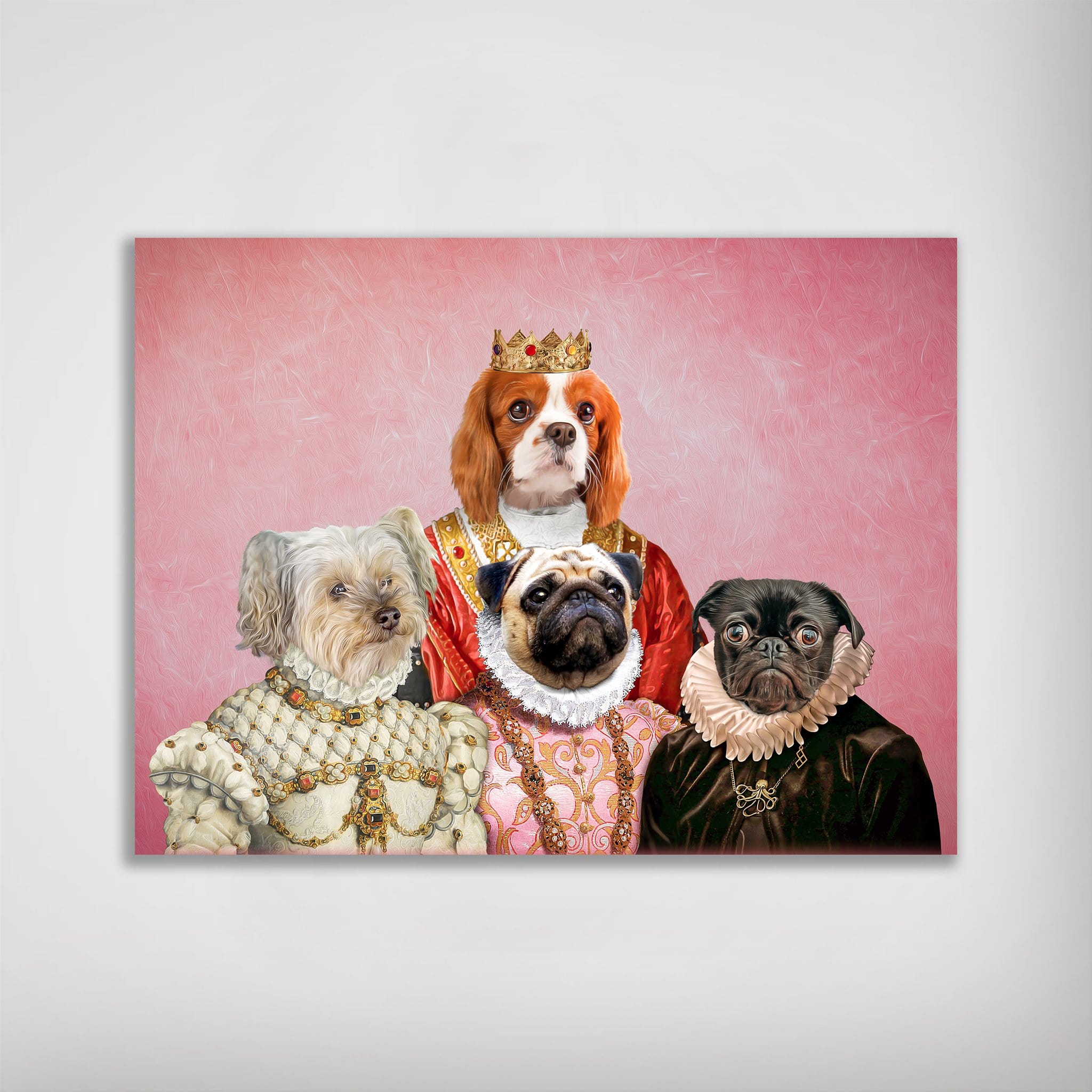 Personalized 'Royal Ladies' poster featuring four pets in regal attire against a pink background.