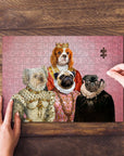 Personalized 'Royal Ladies' puzzle featuring four pets in renaissance-style attire on a pink background.