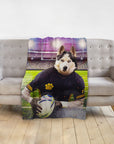 Personalized pet blanket with a husky dog in a rugby player portrait on a couch.