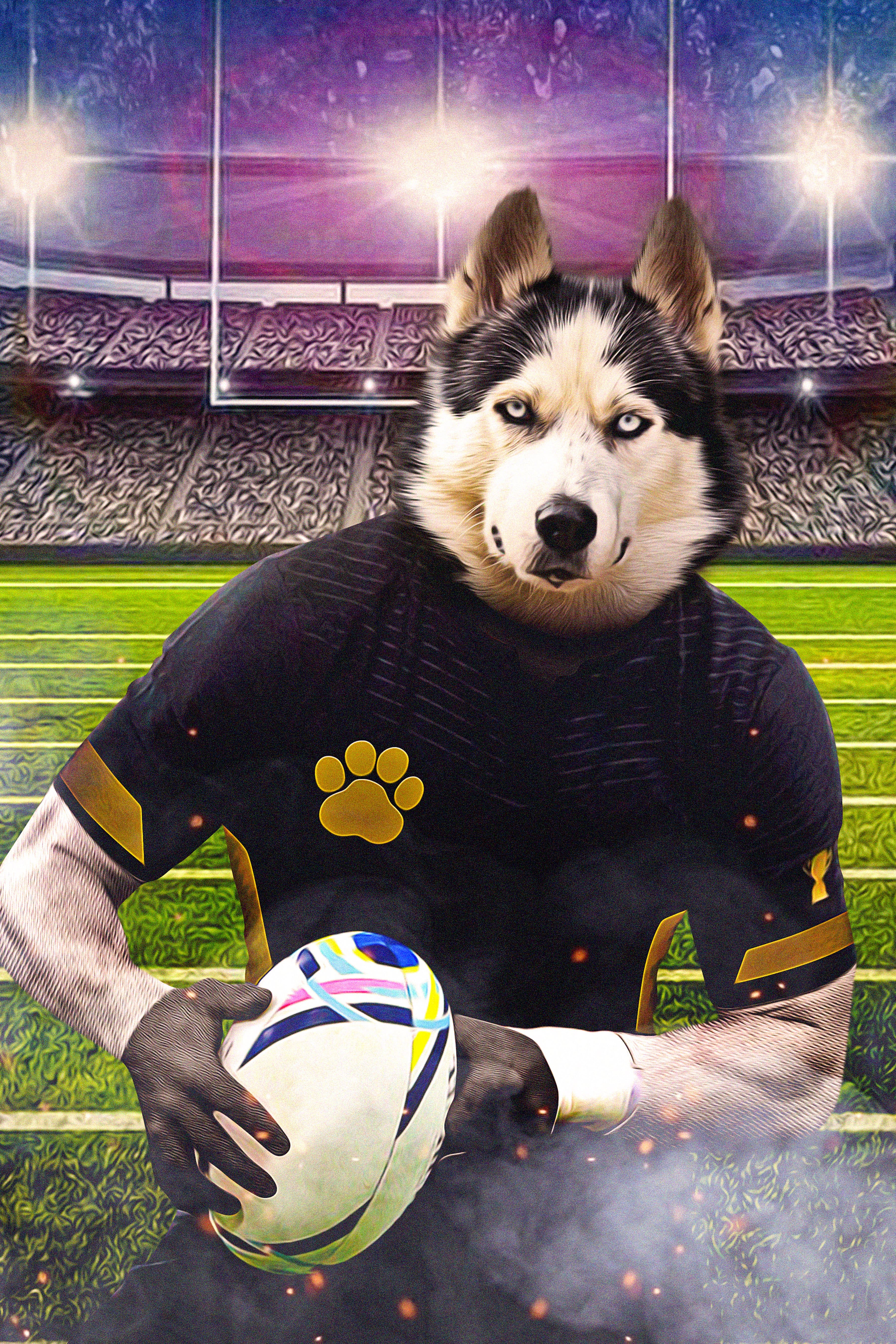 Custom digital portrait of a husky dog as a rugby player in a black jersey holding a ball.
