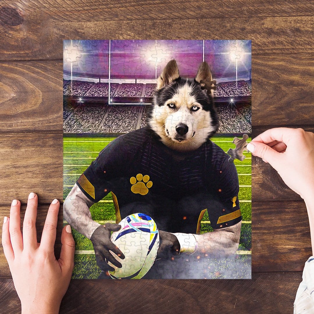 Personalized pet puzzle of a husky dog as a rugby player in a stadium.