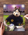 Personalized pet puzzle of a husky dog as a rugby player in a stadium.