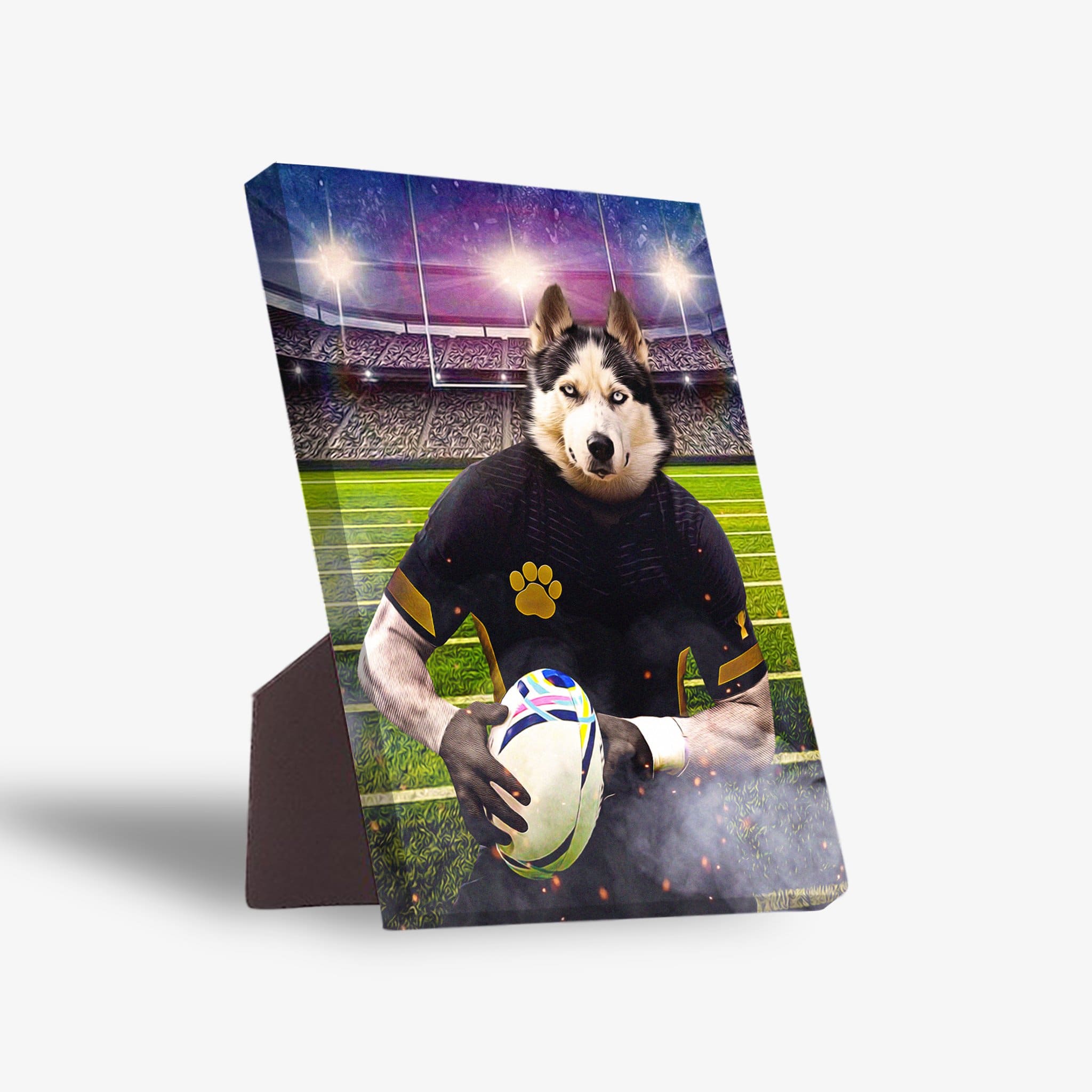Personalized pet standing canvas featuring a husky in a black rugby uniform holding a ball on a stadium field.