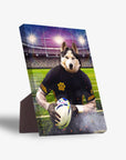 Personalized pet standing canvas featuring a husky in a black rugby uniform holding a ball on a stadium field.