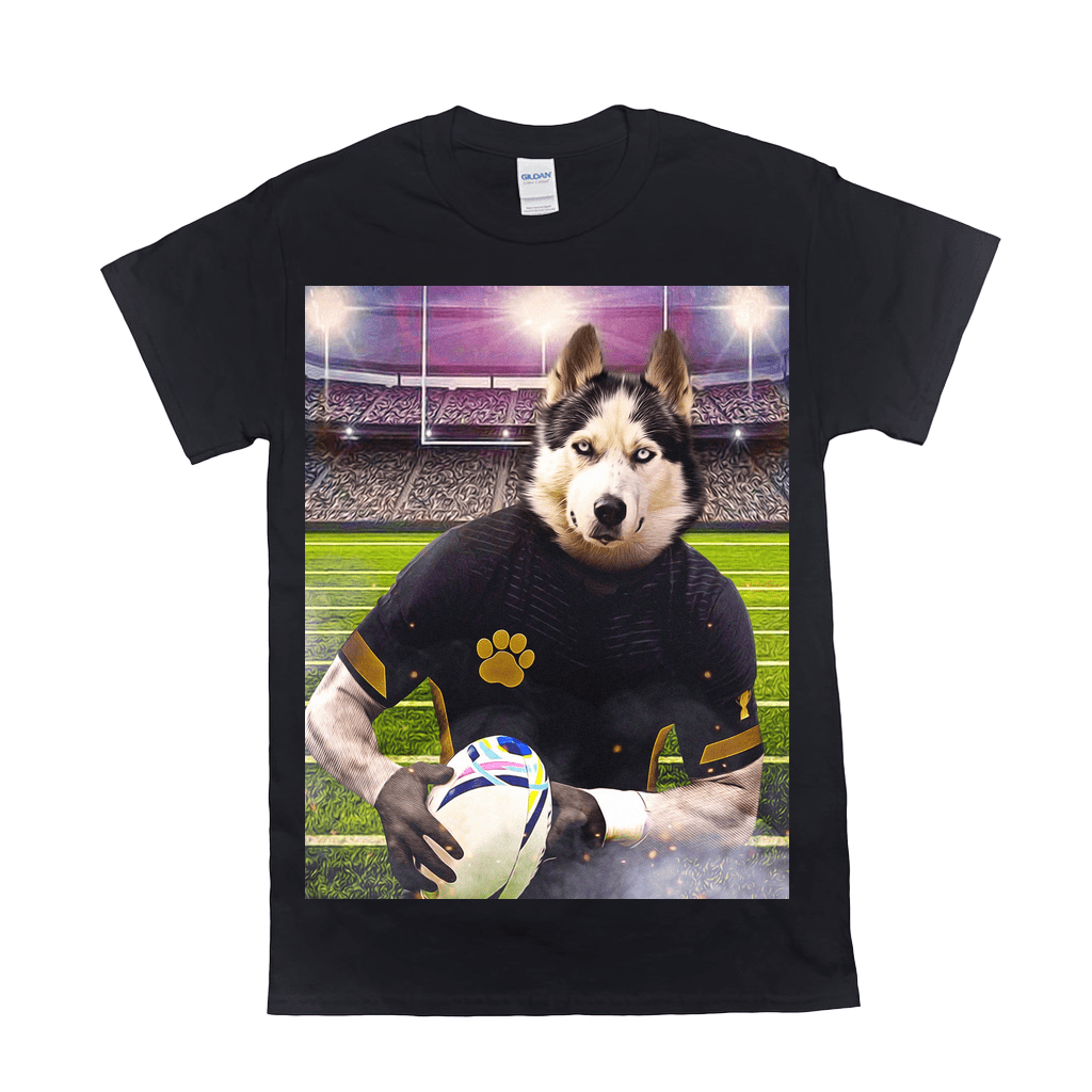 Black Gildan t-shirt with a husky in a rugby uniform holding a ball on a field.