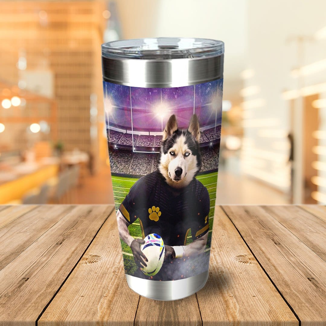 Personalized stainless steel tumbler with a husky pet portrait as a rugby player holding a ball.