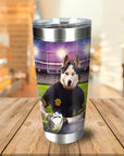 Personalized stainless steel tumbler with a husky pet portrait as a rugby player holding a ball.
