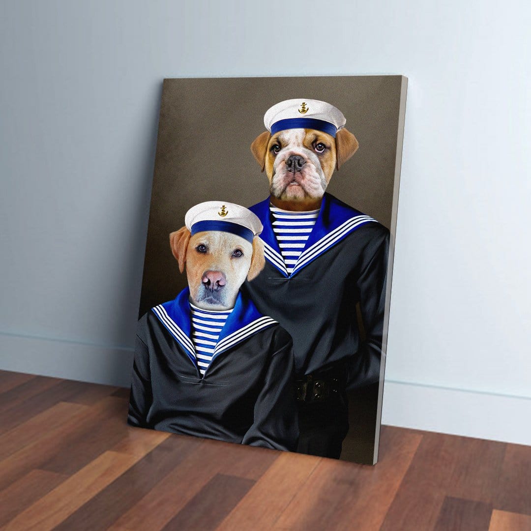 Two dogs, a bulldog and a labrador, custom painted on canvas in navy sailor uniforms and hats.