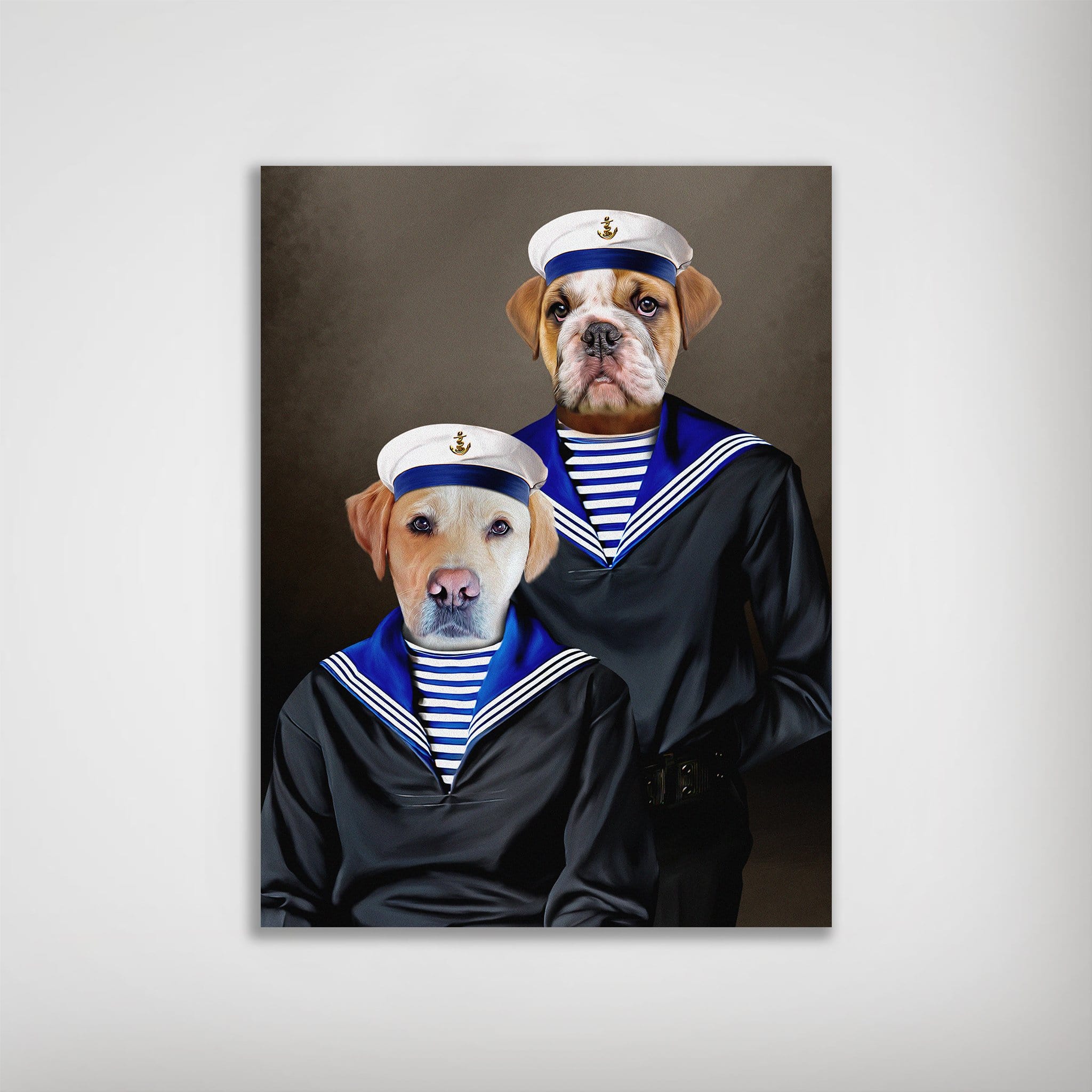 Personalized 'The Sailors' poster featuring two pets, a bulldog and a labrador, dressed in navy sailor outfits.
