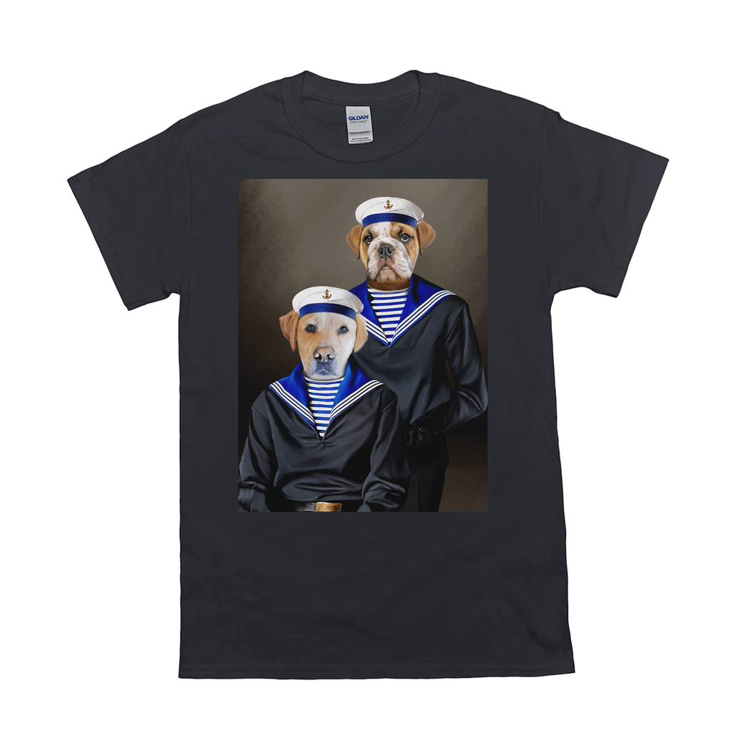 Black Gildan t-shirt featuring a personalized portrait of two pets dressed as sailors in navy and white.
