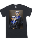 Black Gildan t-shirt featuring a personalized portrait of two pets dressed as sailors in navy and white.
