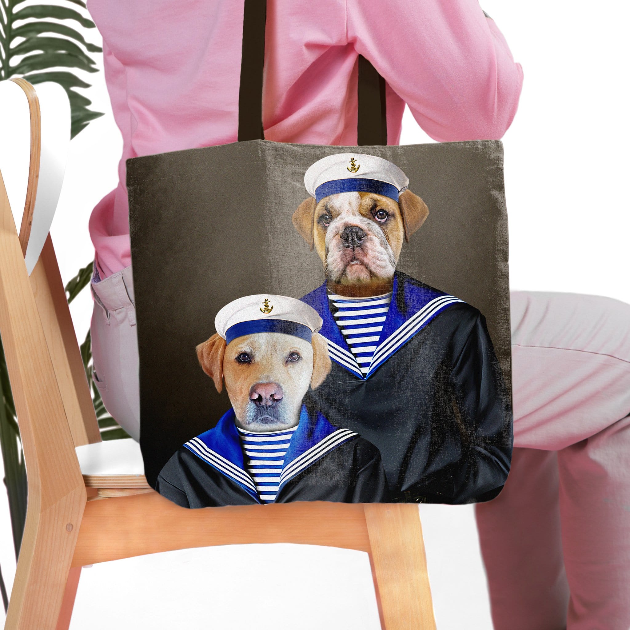 Personalized pet portrait tote bag featuring a bulldog and a labrador in sailor outfits.