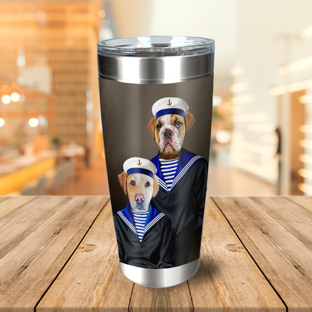 Personalized stainless steel tumbler with two pets, a bulldog and a labrador, dressed as sailors.