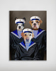 Personalized matte poster featuring three pets dressed as sailors in navy and white striped uniforms.
